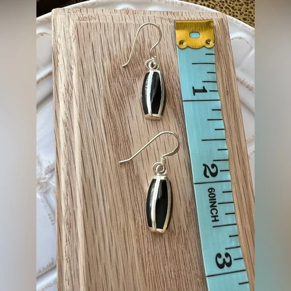 Elongated Dangle Earrings Vintage Sterling Silver 925 NOS Black Onyx - Picture 4 of 4